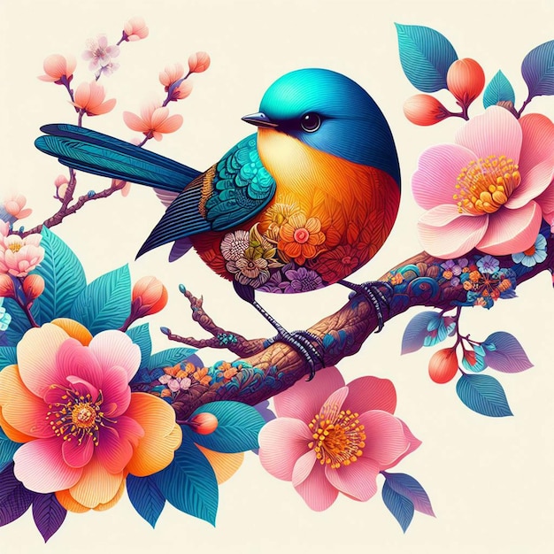 PSD premium ai image brightly colored bird sitting on a branch of a tree with flowers