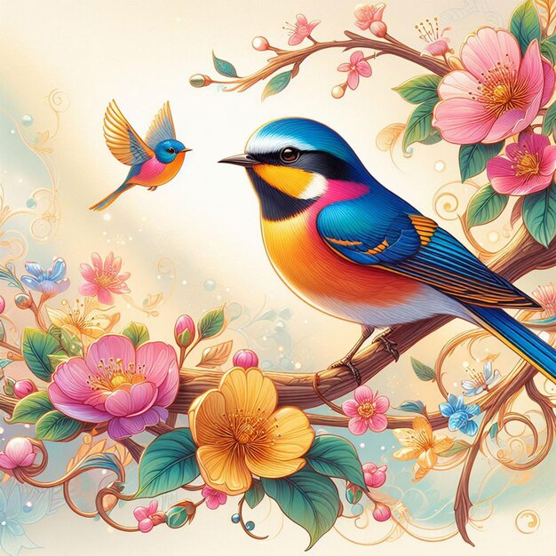 Premium ai image brightly colored bird sitting on a branch of a tree with flowers