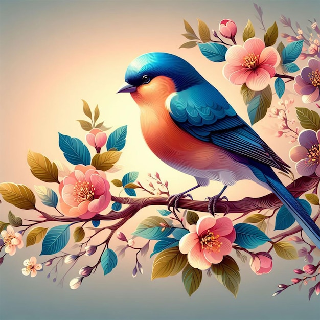 Premium AI Image brightly colored bird sitting on a branch of a tree with flowers