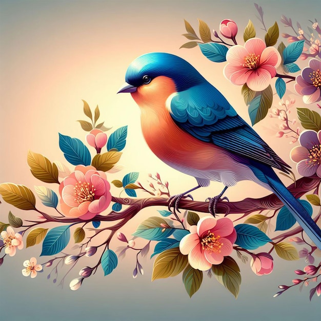 PSD premium ai image brightly colored bird sitting on a branch of a tree with flowers