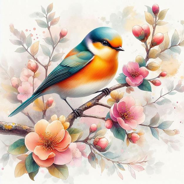 PSD premium ai image brightly colored bird sitting on a branch of a tree with flowers