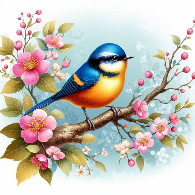 PSD immagine ai premium uccello dai colori vivaci seduto su un ramo di un albero con fiori
