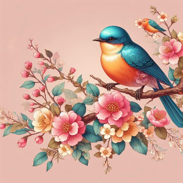 PSD premium ai image brightly colored bird sitting on a branch of a tree with flowers