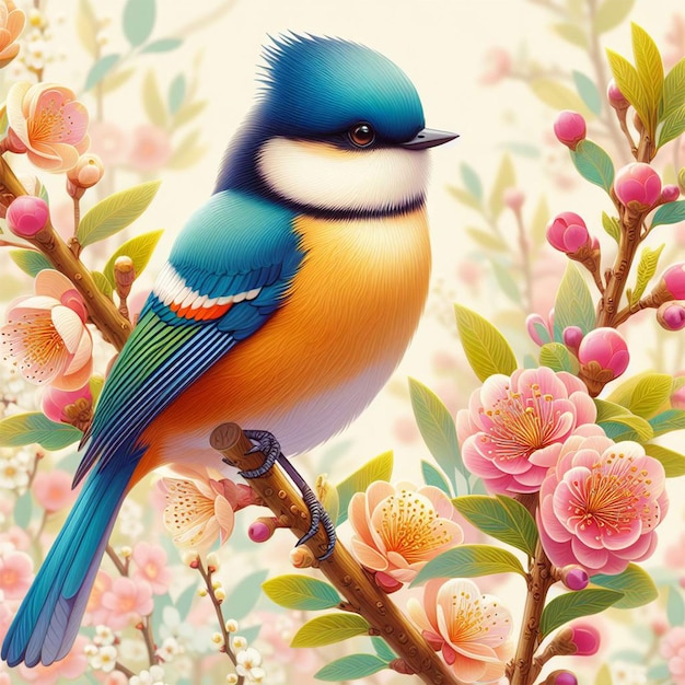 PSD Премиум ии изображение ярко окрашенной птицы, сидящей на ветке дерева с цветами