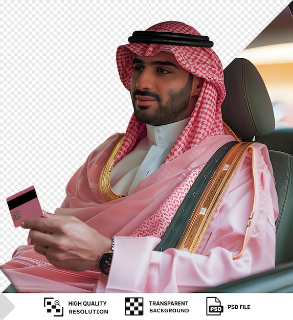 PSD premium of an arabian man in a traditional clothing in a car holding a credit card png