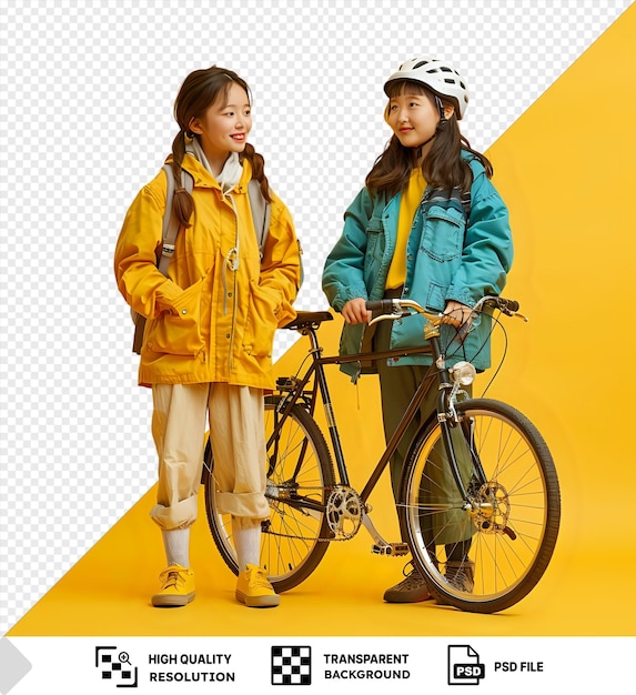 PSD premium azjatyckiej dziewczyny na rowerze patrzącej na kamerę i dziewczyny stojącej obok jej roweru png psd