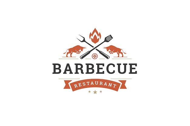 Premium barbecue grill restaurant café vintage logo ontwerp sjabloon aanval gehoornde stieren