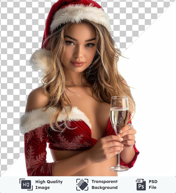 サンタクロースの服を着た美しい若い女性シャンパングラス赤いドレスを着て白と赤の帽子をかぶって長いブロンドのと茶色の目で透明なワイングラスを握っている