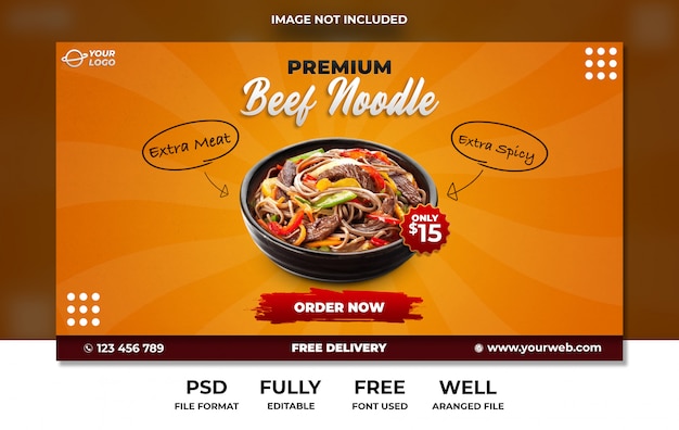 Banner di social media premium manzo asiatico noodle web