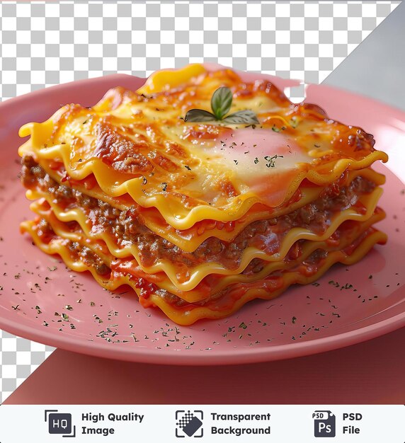 PSD premium di lasagna di manzo coperta di formaggio fuso e servita su un piatto rosa guarnito con una foglia verde