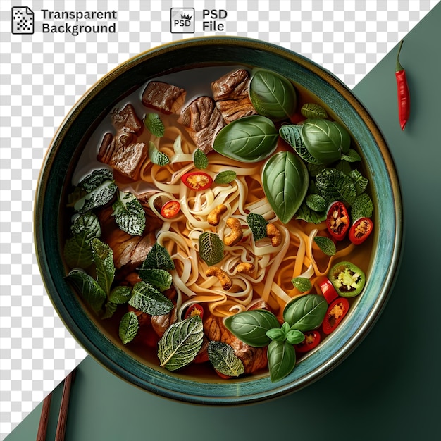 PSD premium of beef pho noodle soup served in a bowl on a green table garnished with a red pepper and served with a brown chopstick
