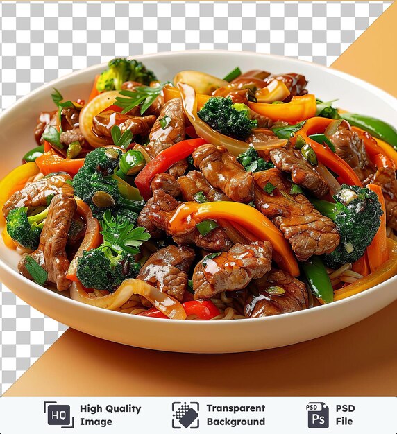 PSD premium beef stir fry with broccoli and peppers served in a white bowl on a transparent background