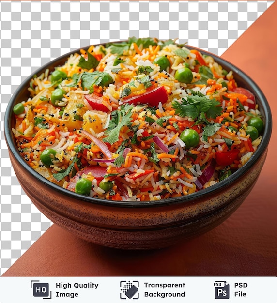 Premium biryani a colorful vegetable dish served in a brown bowl on a table