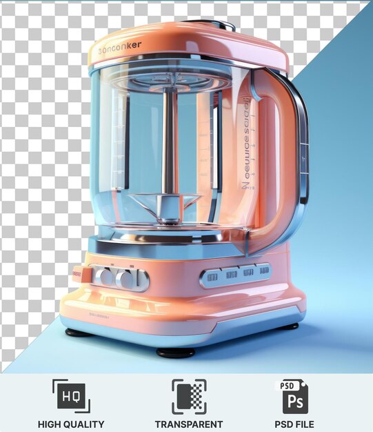 PSD premium blender with orange and pink color scheme and black wheel on blue background