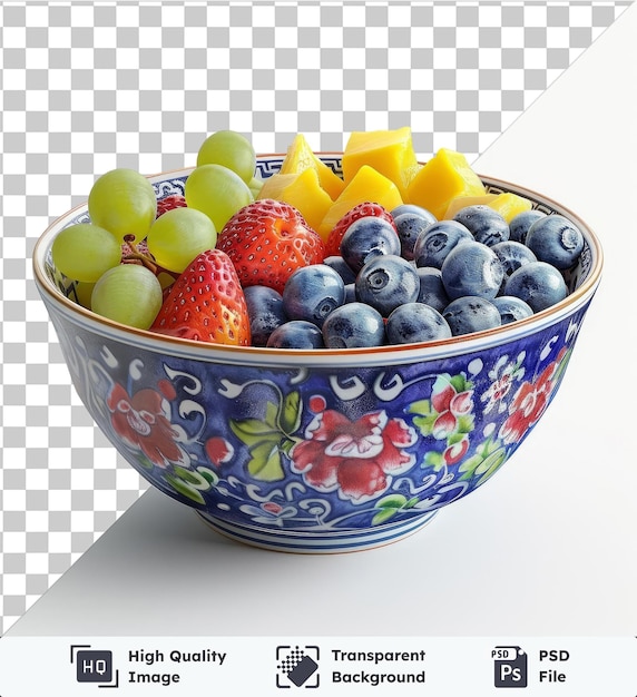 Premium bowl of es buah for ramadan breaking fast featuring fresh green grapes and juicy red strawberries with a white shadow in the background