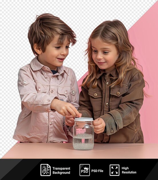 Premium of a boy and a girl siiting at the table and putting savings to the jar with a pink wall in the background the boy wears a brown jacket and has brown hair while png