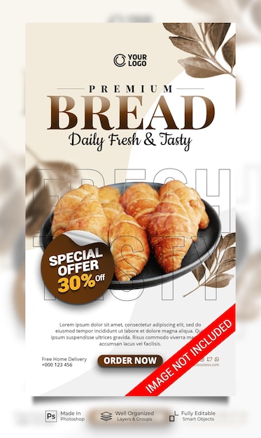 PSD premium bread fresh tasty menu promotion social media instagram post stories banner template