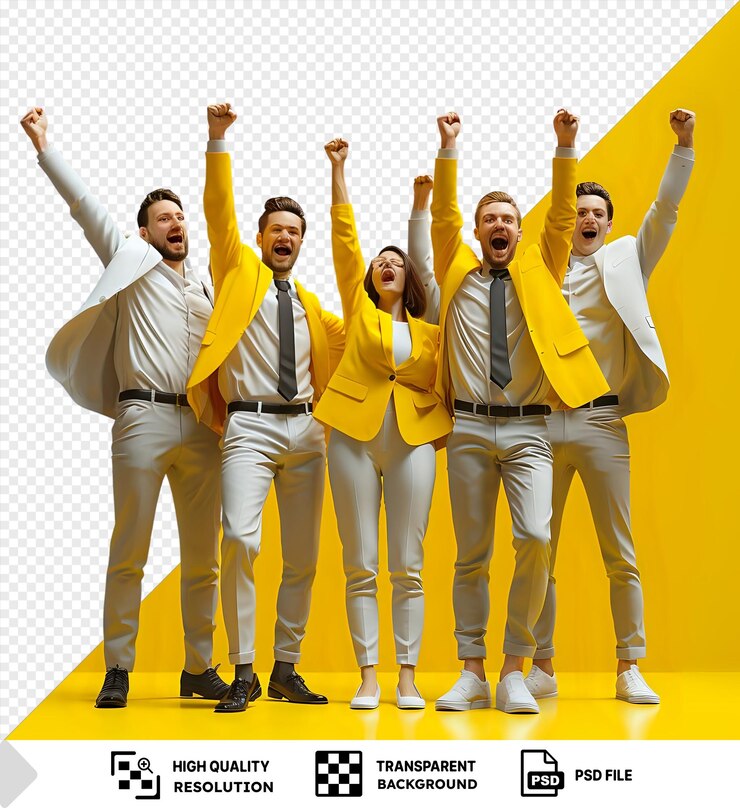 PSD premium of business team celebrating a triumph with arms up dressed in formal attire including white and yellow shirts black and gray ties and black belts standing on a yellow floor