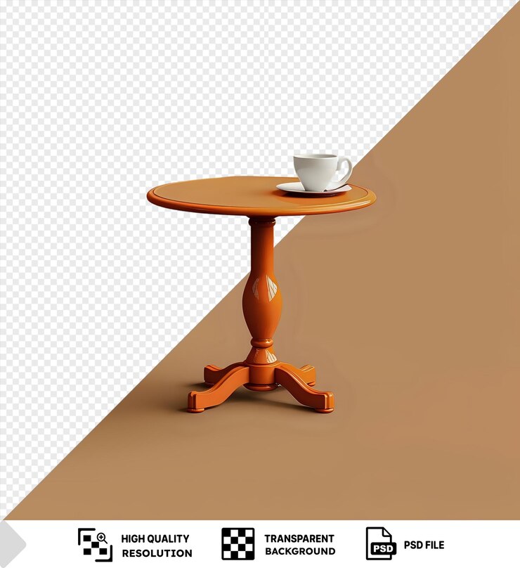 PSD premium of cafe table with wood legs and white saucer on orange table accompanied by a white cup casting a dark shadow png