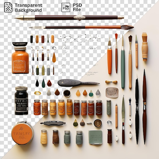 PSD premium of calligraphy and lettering tools set displayed on a transparent background including a brown pen black pen and orange bottle with a black and white paper in the background