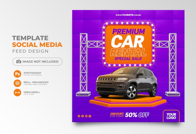 Premium car rental post social media discount for today 50 off in purple and orange background