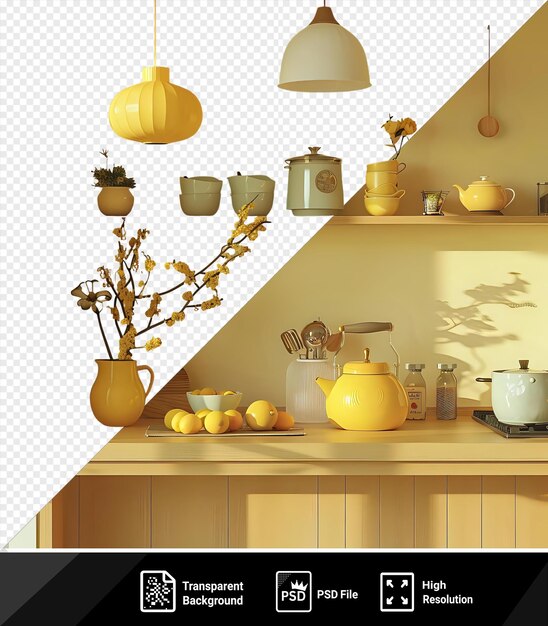 PSD premium of chankonabers kitchen is adorned with a variety of fresh produce including yellow lemons oranges and a variety of bowls and pots the white countertop and