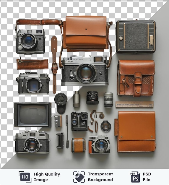 PSD premium classic film camera and accessories set against a white wall featuring silver and black cameras a brown leather wallet and a silver camera