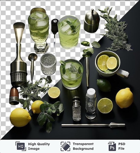 PSD premium of cocktail mixing set lemons limes and spices on a black table