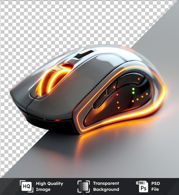 PSD mouse per computer premium su tavolo grigio con ombra giallo-arancione chiaro nero-grigio sullo sfondo