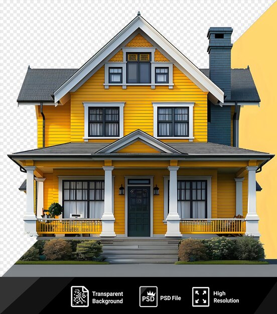 PSD premium of craftsman house with yellow exterior and black and gray door surrounded by greenery including bushes and trees featuring white and glass windows and a black light png psd