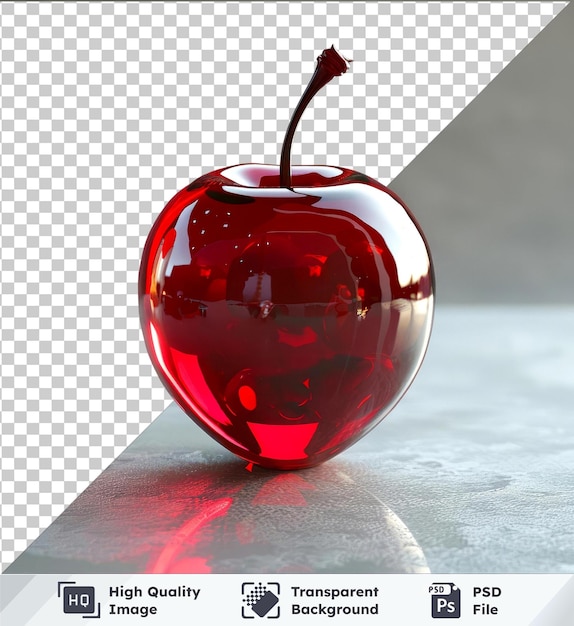 PSD premium cranberry apple with red stem and shiny reflection on table