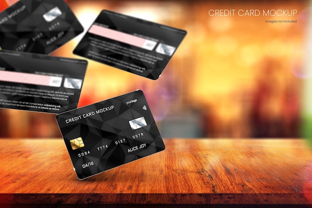 PSD Шаблон макета кредитной и дебетовой карты премиум-класса с размытым кафе на заднем плане