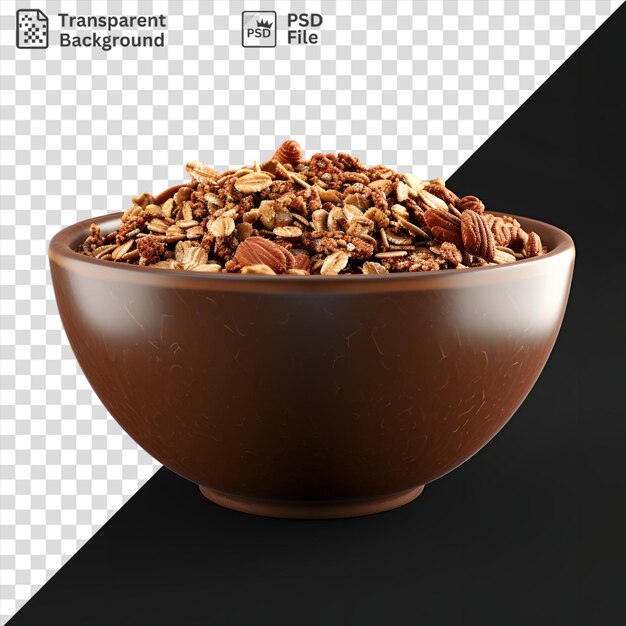 Premium of crunchy granola bowl on a brown table casting a dark shadow