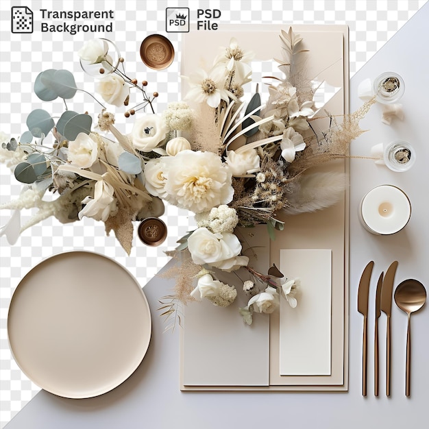 PSD premium di pianificazione e decorazione di feste personalizzate impostate con oggetti d'argento, fiori bianchi e un piatto bianco su uno sfondo trasparente contro una parete bianca