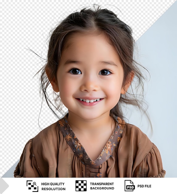 PSD premium of cute little asian girl smiling for the camera with brown hair blue and brown eyes and a small nose wearing a brown shirt