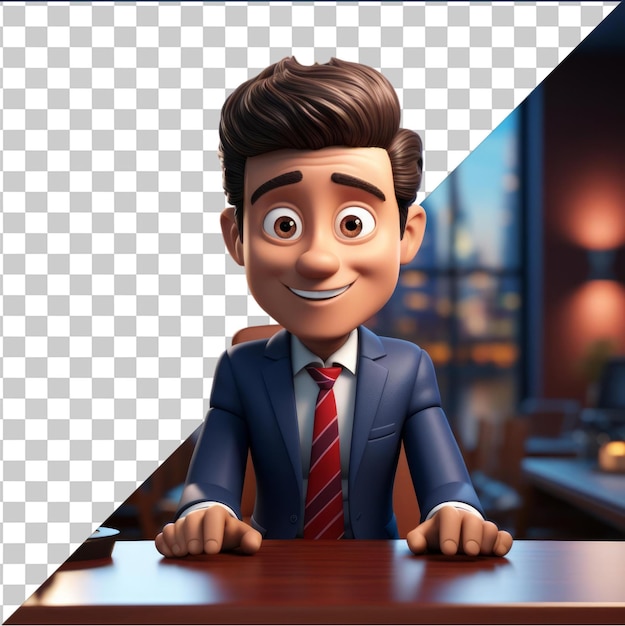 PSD premium of d news anchor cartoon delivering breaking news updates on a wooden table with a toy and red tie in front of a large window