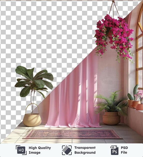 PSD premium of eid themed garden flag for ramadan featuring a pink curtain potted plants in brown and orange pots and a large window with a view