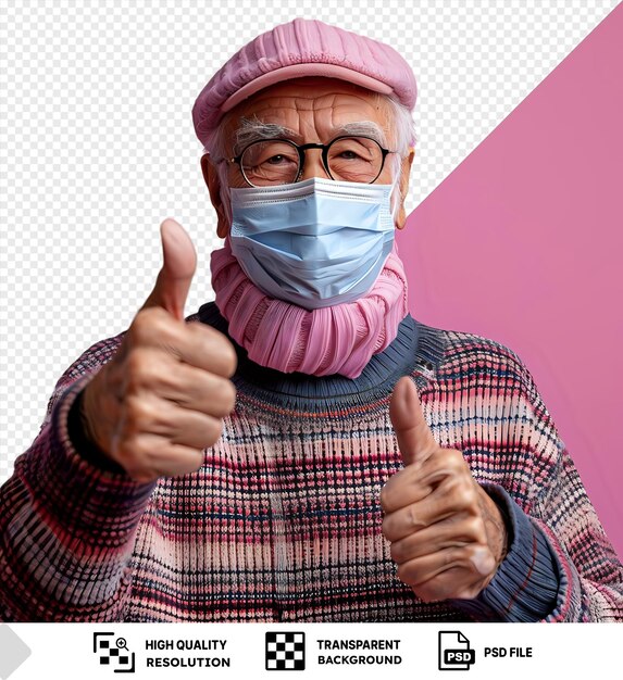 PSD premium of elderly man wearing face mask showing thumbs up sign while wearing a pink hat black glasses and pink scarf with a pink wall in the background