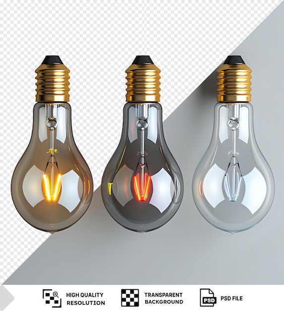 Premium of energy saving light bulbs including a glass light bulb and a hanging light bulb illuminate a white wall