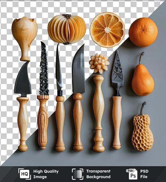 PSD premium exotic fruit carving tools set displayed on a white wall featuring a variety of knives and utensils including a black knife silver knife and wood handled utensil