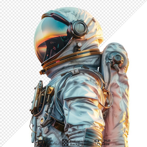 PSD premium of extraterrestrial explorer wearing a space suit equipped with advanced technology they stand on alien terrain scanning the horizon with a holographic visor while holding a black gun and