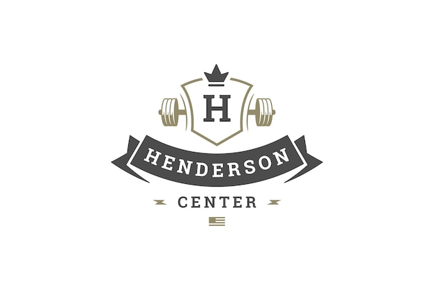 Premium fitness center logo design template heraldic shield crown with dumbbell