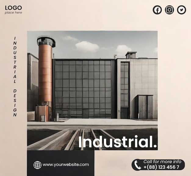 PSD premium flyer template with architecture industrial illustration 2