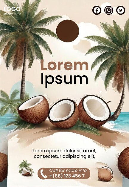 PSD premium flyer template with coconut illustration