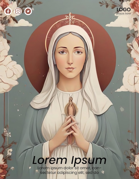 PSD premium flyer template with the virgin mary illustration