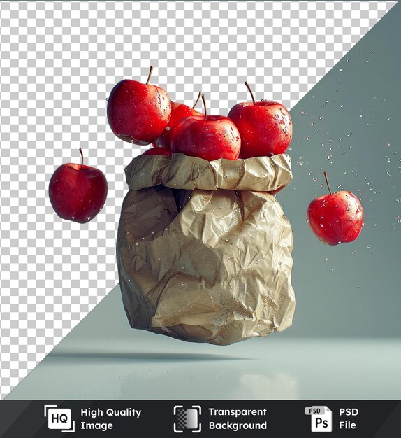 Premium flying apples in recyclable paper bag isolated on blue background accompanied by a red apple and a brown stem with a dark shadow in the foreground