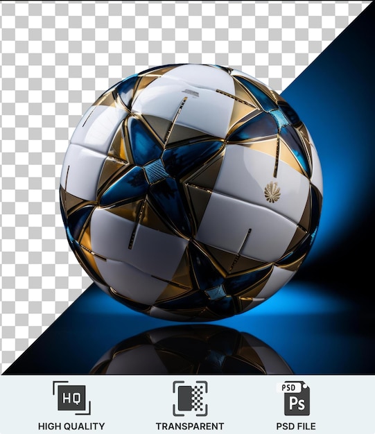PSD premium foto van een glanzende voetbal zit op een blauwe tafel die het glanzende oppervlak van de bal weerspiegelt