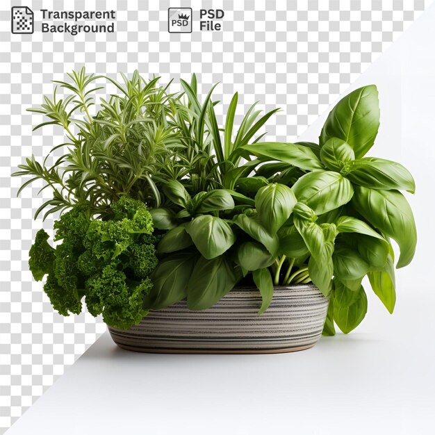 Premium of fresh green plants in a gray vase on a transparent background with a white shadow in the background