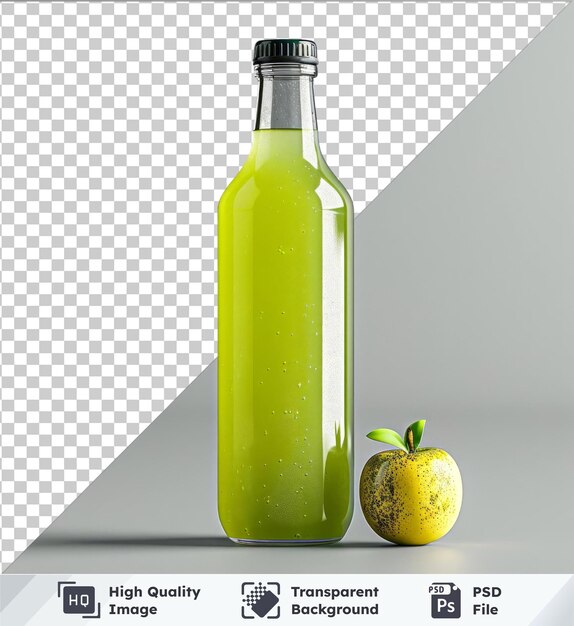 PSD premium fresh juice cleanse bottle and green apple on white and gray wall