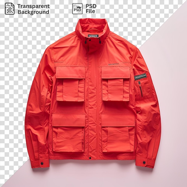 Premium of front view capture a jacket red technical materials fabric label